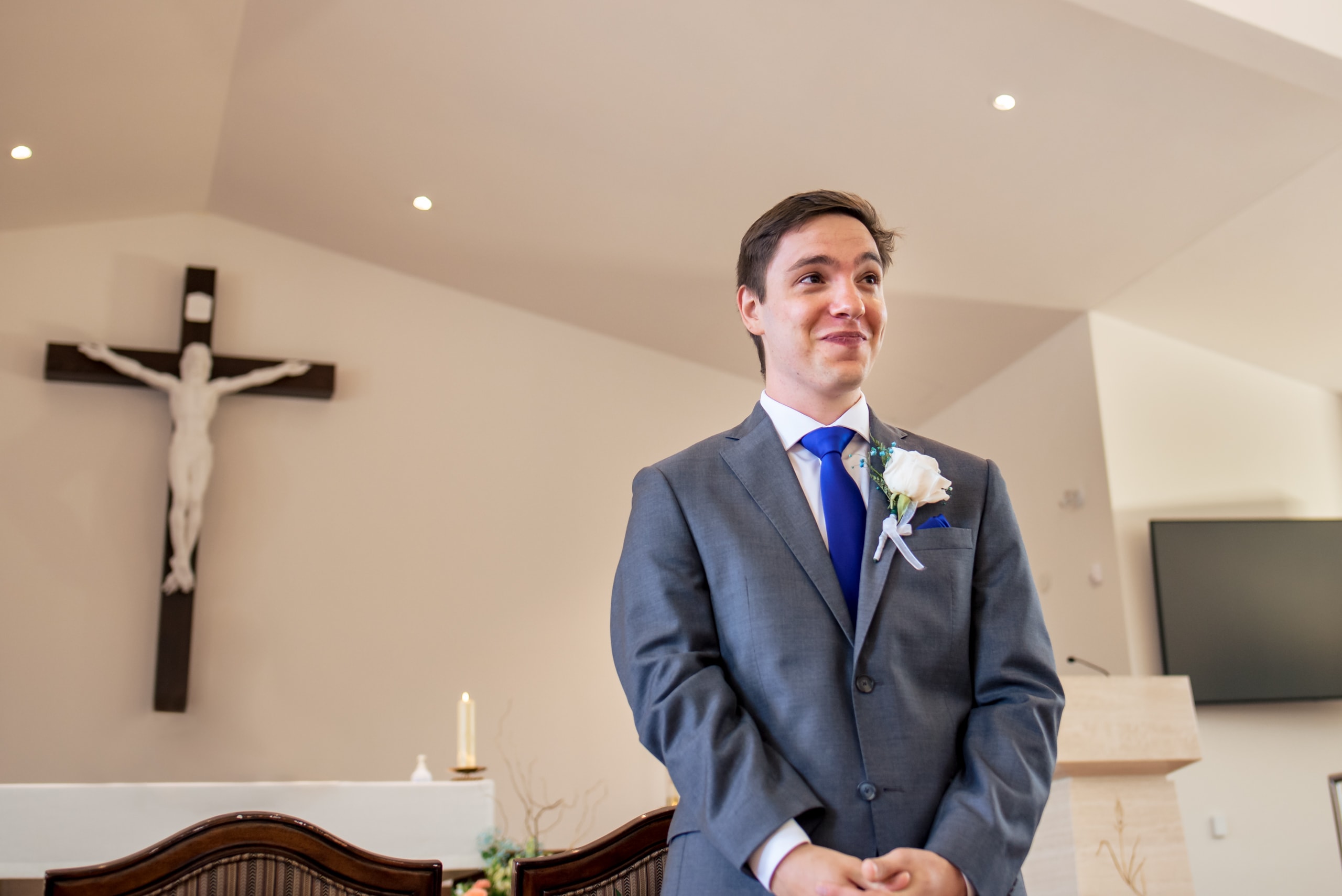 groom at our lady of grace church wedding ceremony by Durham Region Wedding Photographer Brian Ly Photography