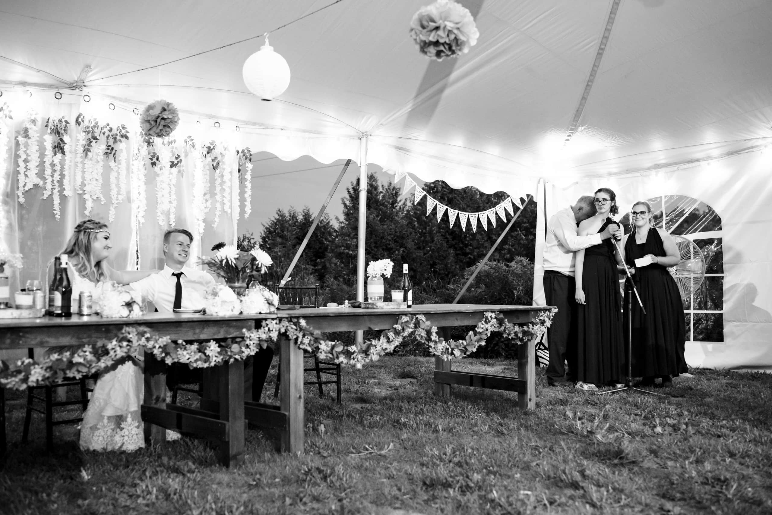 wedding reception speeches at rustic farm wedding by Durham Region Wedding Photographer Brian Ly Photography